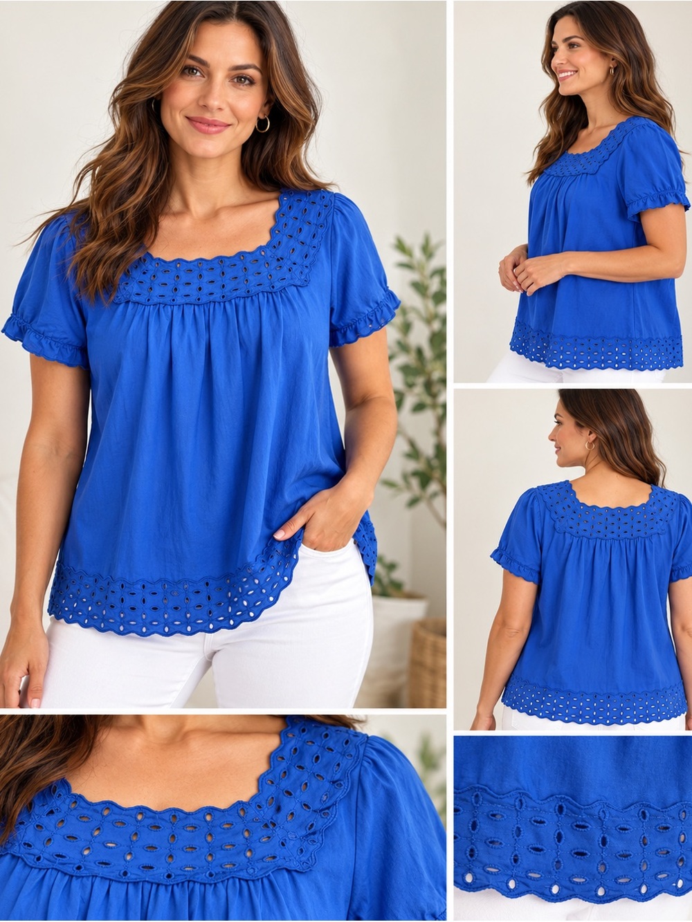 Kim Rogers Cobalt Blue Eyelet Square-Neck Blouse,Large